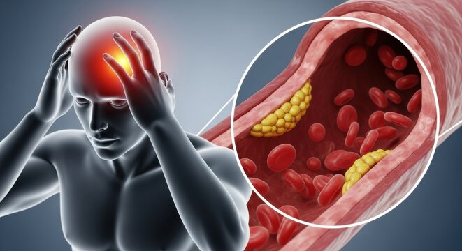 Brain Pain and Atherosclerosis. 3D Man holding his head with intense migraine linked to magnified view of cholesterol plaque obstructing blood vessel flow.