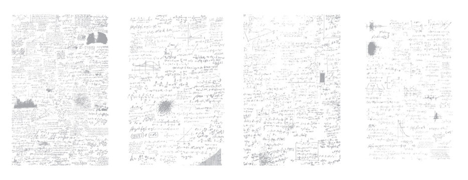 Four panels of handwritten scientific equations and diagrams on white background science math formula