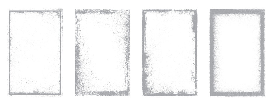 Four distressed grey rectangular frames with speckled texture and rough edges border grunge