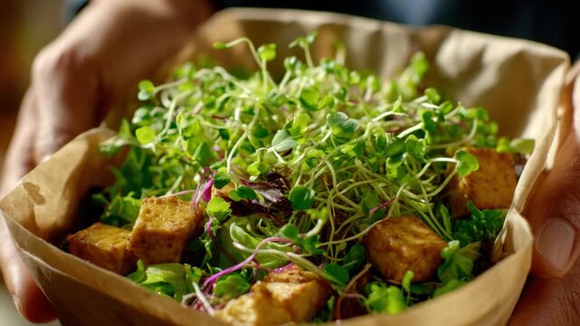 A person holding a paper boat filled with a fresh and colorful salad made of spinach, beets, tofu cubes, and microgreens