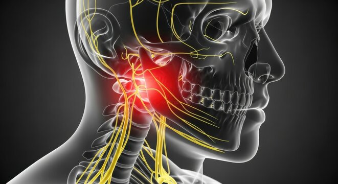 Human Skull Anatomy with Trigeminal Nerve Pain Highlighted. 3D X-Ray Visualization for TMJ Disorder, Neurological Diagnosis, and Medical Treatment.
