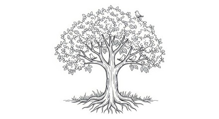 Obraz premium Whimsical Tree with Birds and Roots - Hand-Drawn Sketch