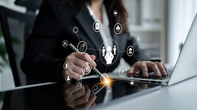 A concept of centralized business management and corporate strategy. A leadership team connecting to all functions like finance, operations, and planning. Motif