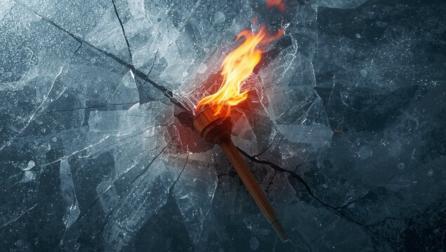 Wooden Olympic Torch with Flame Breaking Through Cracked Ice