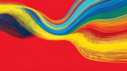 Vibrant multicolored wavy lines on bold red background