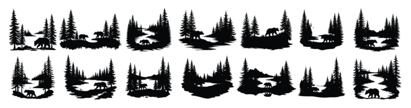 Black silhouette scenes of bears and pine trees grizzly bear