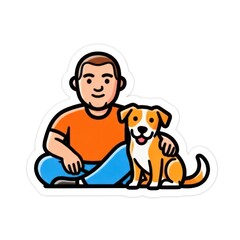 Naklejka premium A cartoon illustration of a man sitting with a dog, both smiling and looking content.