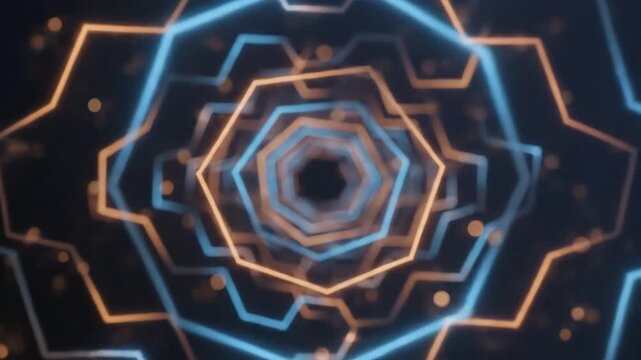 Futuristic neon geometric shapes forming a mesmerizing spiral pattern in a dark environment from a bird's eye view