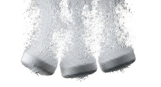 Three white effervescent tablets dissolving with bubbles and powder splash, isolated on white background
