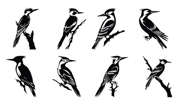 woodpecker silhouette black clip art set flameback