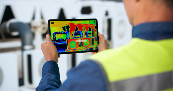 Experienced Engineer Inspects HVAC System Using Thermal Camera