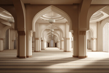 Fototapeta premium A serene and peaceful interior of a large masjid with arches and columns