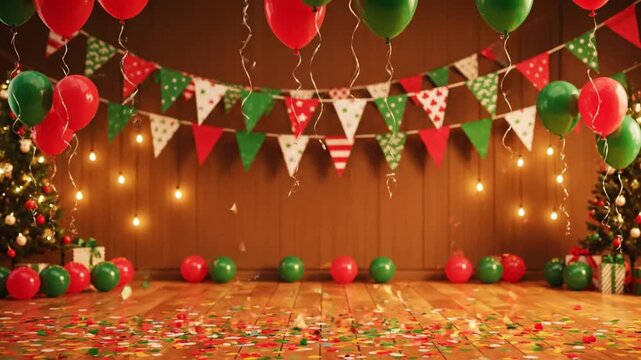 Christmas Party Room with Balloons and Decorated Trees