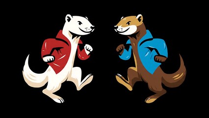 Two cartoon ferrets wearing colorful jackets running together in playful motion