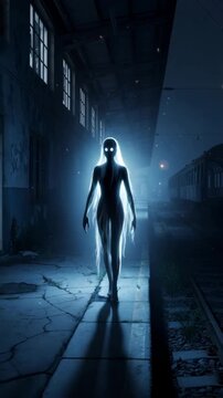 Eerie glowing woman with long hair slowly walks through a dark, abandoned train station at night, featuring a ghost. Supernatural horror and mystery concept. Vertical video