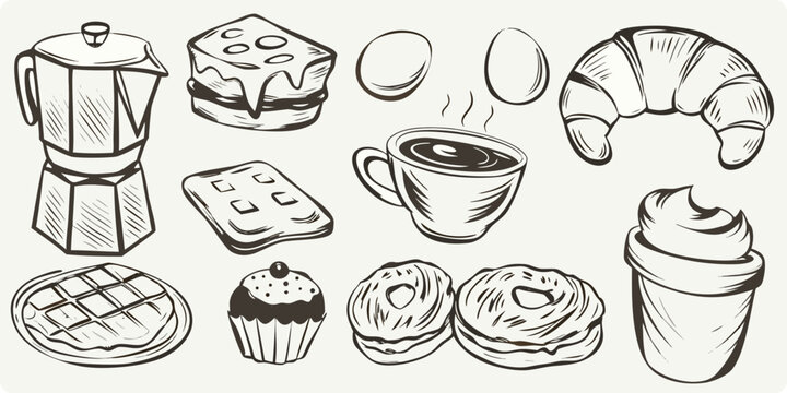 A charming sketch of breakfast items including coffee pastries and eggs