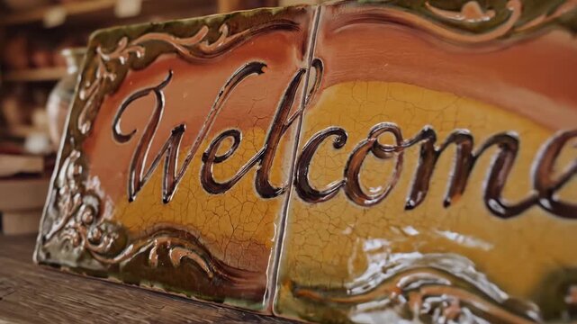 Welcome sign made of ceramic with lettering and decorative details