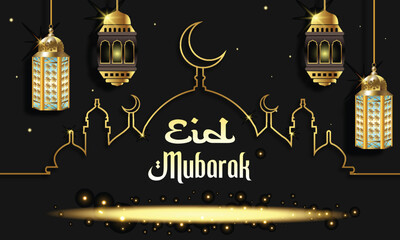 Elegant Eid Mubarak Greeting with Golden Lanterns