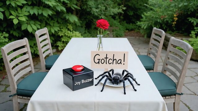 April Fools gotcha prank table with buzzer and fake spider