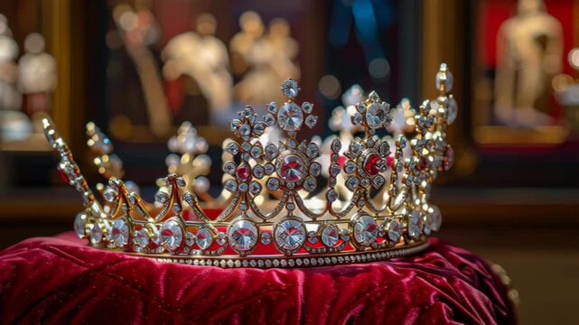 Exquisite Golden Royal Crown with Diamonds and Red Jewels on Red Velvet Display