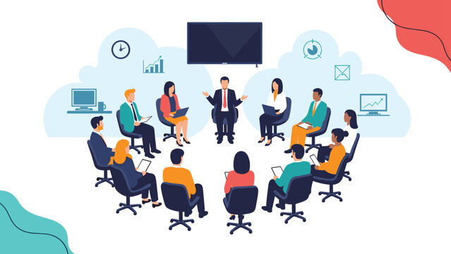 Professional business team sits in a collaborative circle while a leader facilitates a productive meeting with diverse participants.