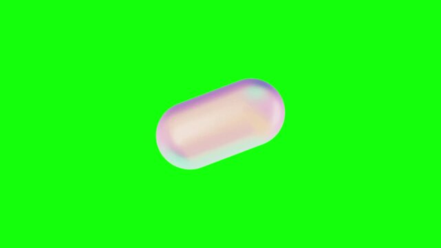 Looping 3D animation of a pastel holographic capsule rotating 360 degrees, smooth rounded pill shape with soft pink, glossy reflective surface, centered on bright green chroma key background.