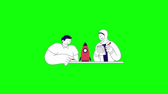 Looping 2D animation of a startup rocket launch scene: friendly cartoon man presses a big red button as a small red rocket lifts off from the table, chroma key green screen background.
