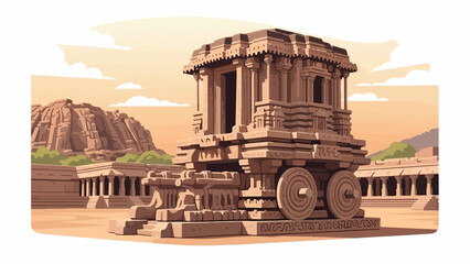 Obraz premium Pixelated ancient stone chariot rests before temple complex under hazy sky