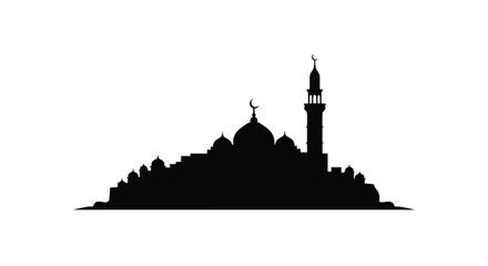 Mosque Silhouette with Minaret and Domes at Sunset or Dawn © MSTAKLIMA