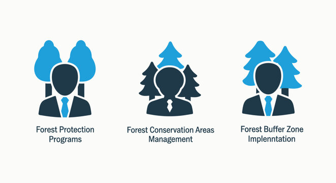 Essential forest protection and conservation strategies, including buffer zone implementation and area management, depicted as clean blue vector icons.