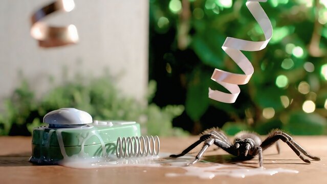 Soap prank trap with spring and fake spider on wet surface