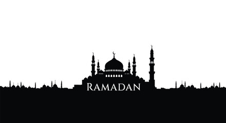 Ramadan mosque silhouette with minarets and dome on white background © MSTAKLIMA
