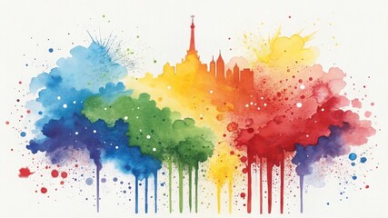 Fototapeta premium Colorful watercolor splash with city skyline