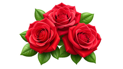 Fototapeta premium Three Red Roses with Green Leaves, Realistic Vector Floral Illustration, isolated on transparent background