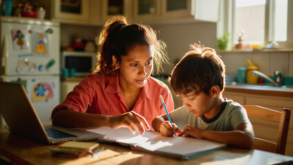 Fototapeta premium Mother teaching son at home with laptop during homeschool lesson. Concept of work from home parenting, elementary education support, and authentic domestic learning.