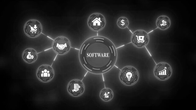 Business concepts network infographic template with various symbols for finance shopping people and more on dark background