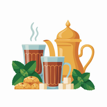 A steaming teapot and two cups of tea with cookies on a table surrounded by mint leaves and sugar cubes viewed from the front