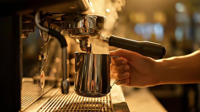 Barista steaming milk with professional espresso machine in coffee shop