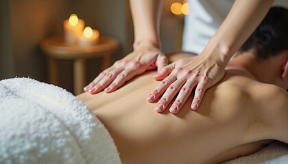 Naklejka premium Relaxing back massage at spa with woman receiving treatment