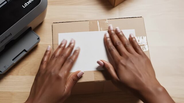 Video of hands packaging a cardboard box for shipment.
