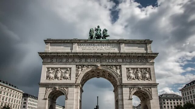 Historic Burgtor arch in Vienna with dramatic cloudy sky