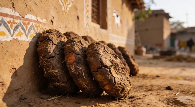 Traditional African mud houses with decorative patterns and elephant dung for construction.
