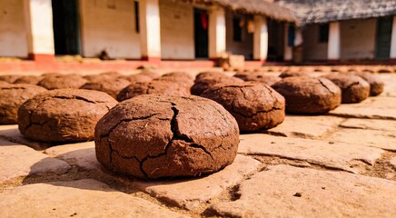 Traditional clay pots drying in a rural courtyard.