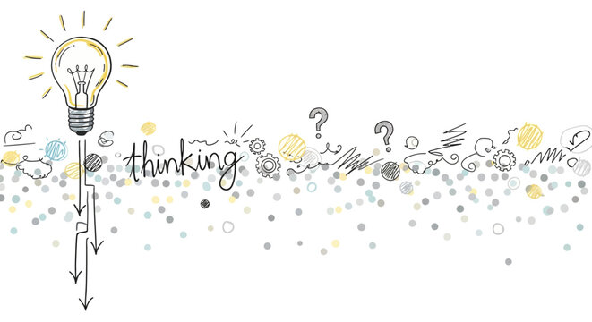 Thinking process concept representing idea generation, brainstorming activity, creative mind, problem solving, mental activity, innovation thinking, intellectual process visualization suitable for edu