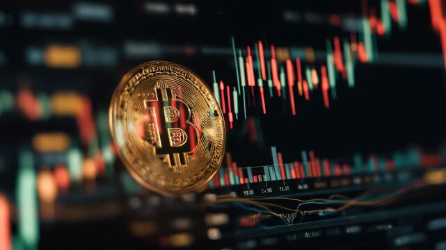 Golden cryptocurrency coin with trading chart overlay showing market fluctuation and dynamic digital finance scene evoking tension and opportunity combined with gold coin with cryptocurrency symbol