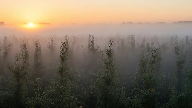 Serene sunrise over misty orchard fields with silhouetted trees and soft golden light