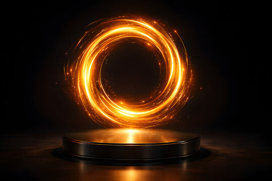 A glowing circular ring of fiery golden light hovers above a dark metallic podium against a black background. Sparks and light particles swirl around the luminous energy ring, creating a dramatic, fut