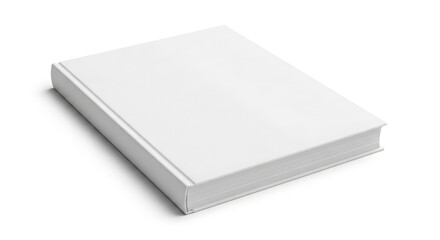 A high-angle view of a thick book with blank white pages on a clean surface