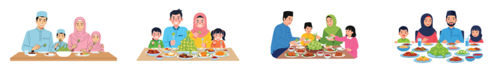 Muslim families celebrating Eid al-Fitr with festive meals