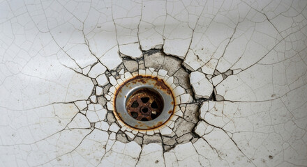 Fototapeta premium Close up of a severely cracked and rusty bathtub drain showing porcelain damage and decay in a bathroom setting